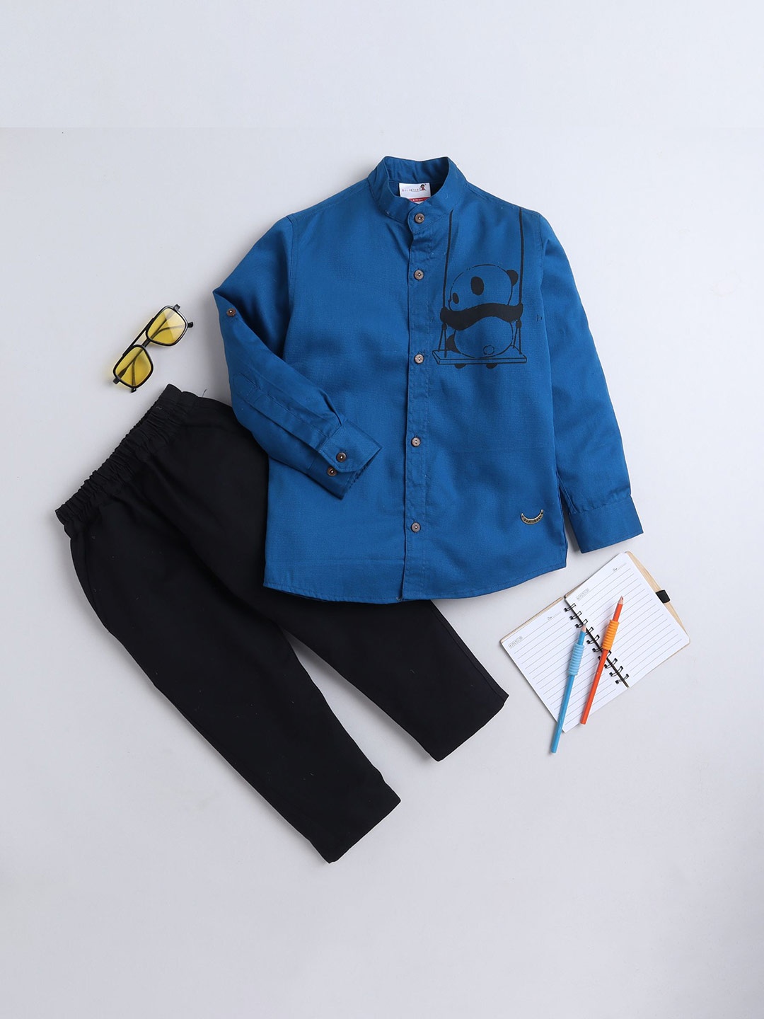 

BAATCHEET Kids Printed Pure Cotton Shirt with Trousers, Blue
