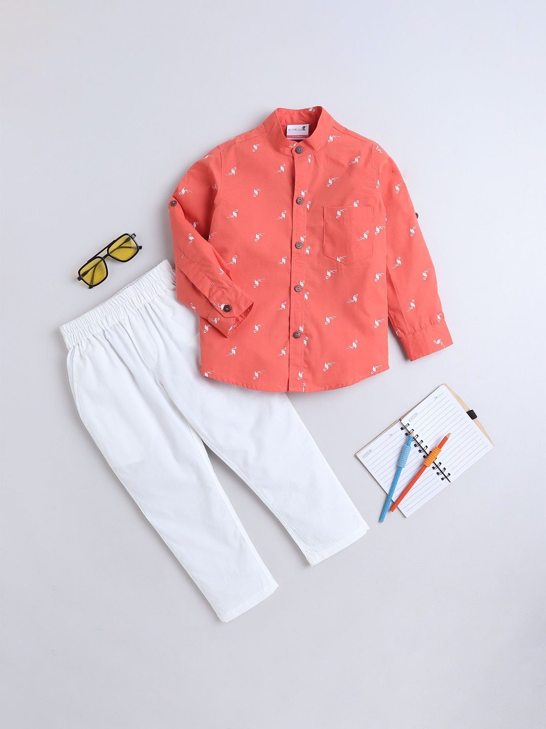 

BAATCHEET Kids Printed Pure Cotton Shirt with Trousers, Peach