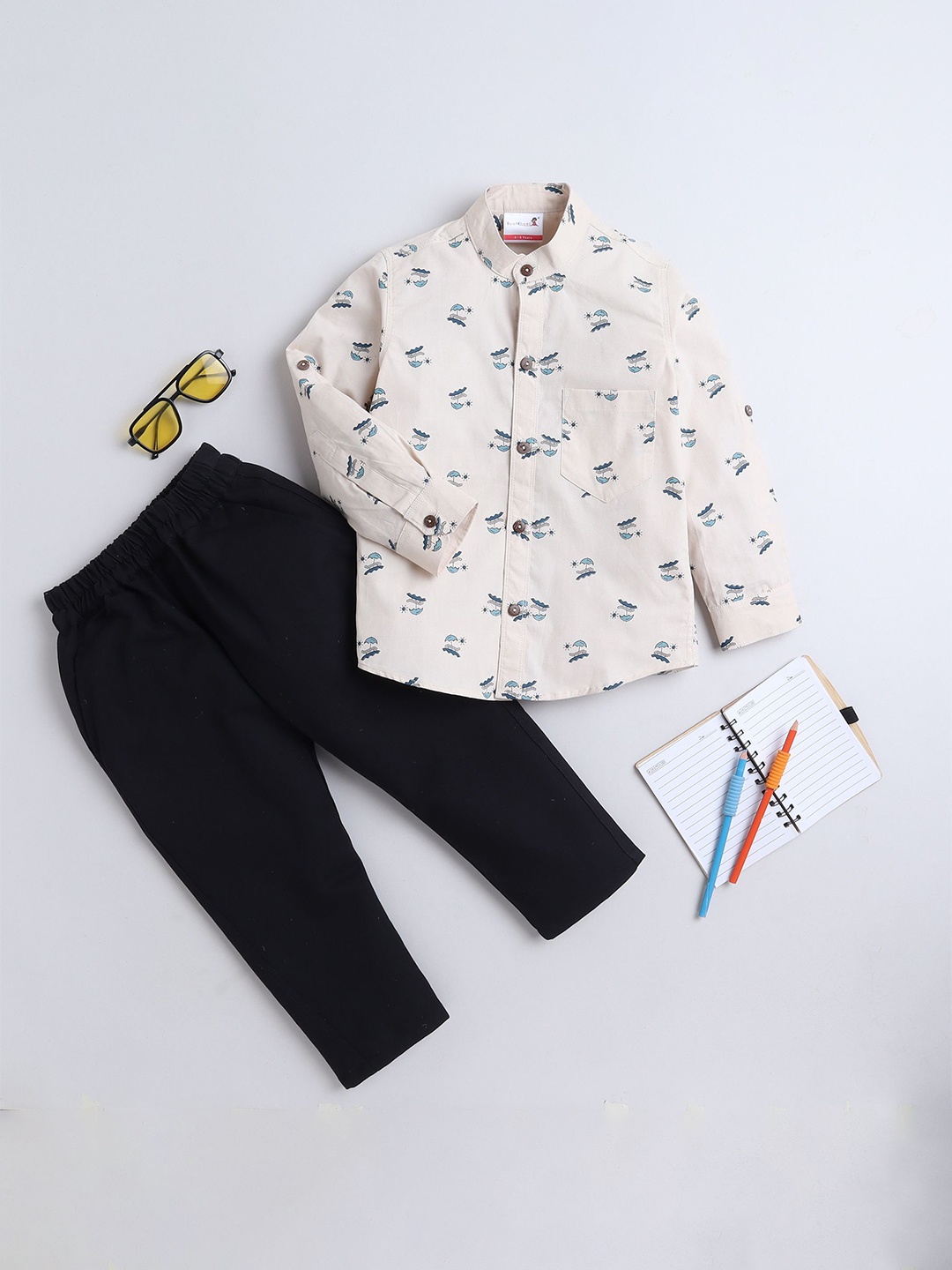 

BAATCHEET Kids Printed Pure Cotton Shirt with Trousers, Beige