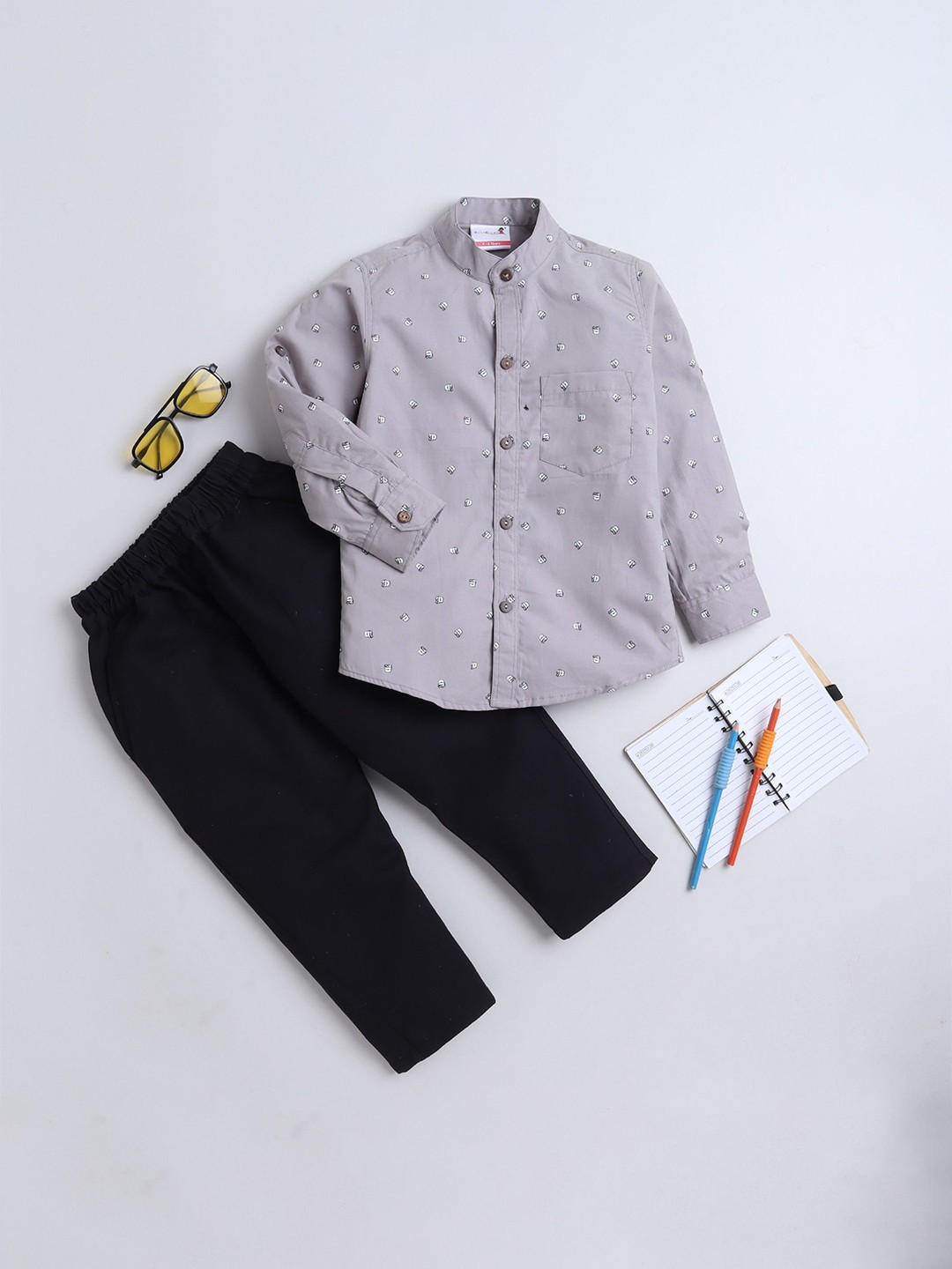 

BAATCHEET Kids Printed Pure Cotton Shirt with Trousers, Grey