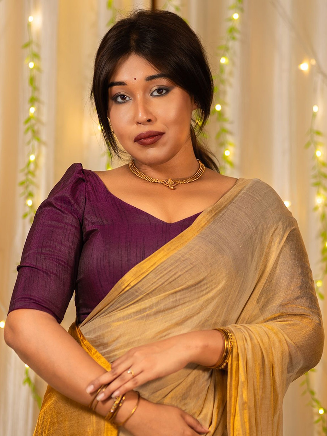 

I LOVE SAREES V-Neck Puff Sleeve Saree Blouse, Purple