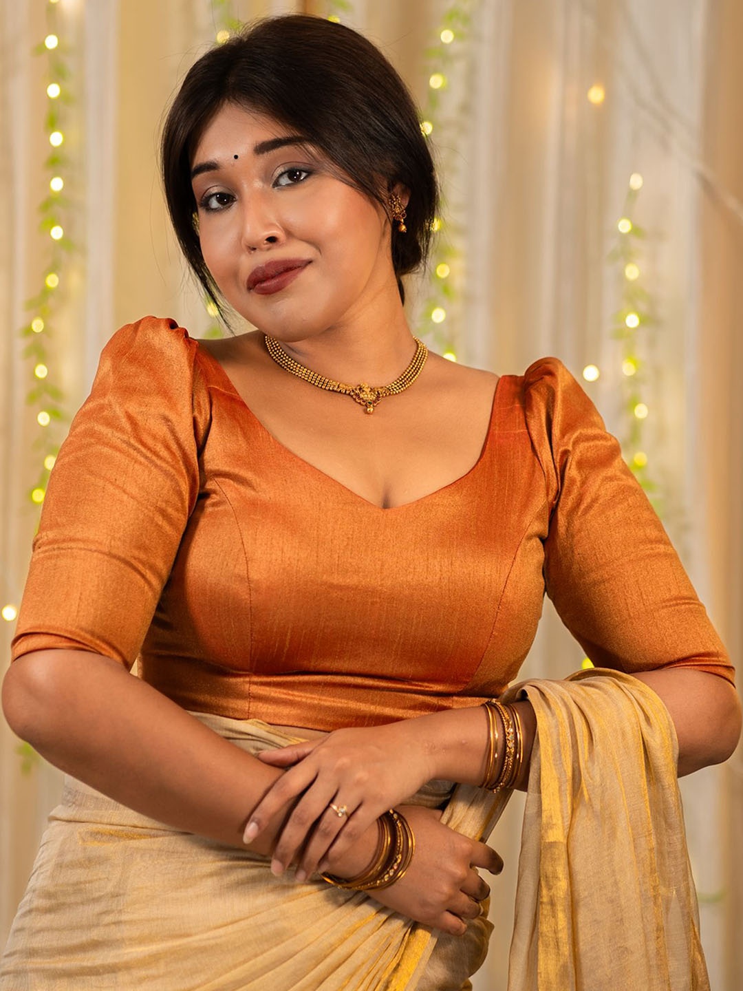 

I LOVE SAREES Puff Sleeves Saree Blouse, Brown