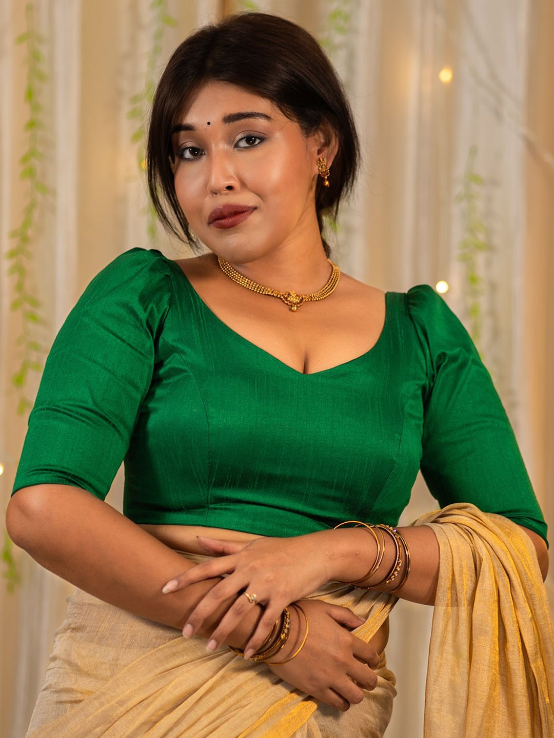 

I LOVE SAREES Puff Sleeves Saree Blouse, Green