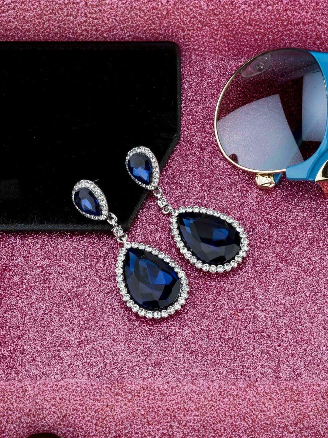 

Yellow Chimes Crystals Studded Drop Earrings, Silver