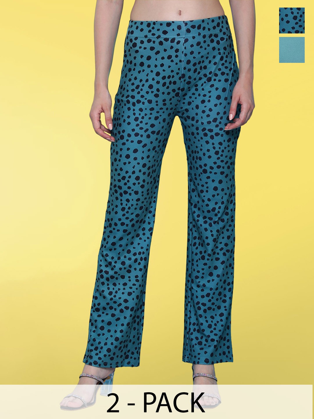 

BAESD Women Polka Dot Printed Flared High-Rise Cotton Trousers, Turquoise blue