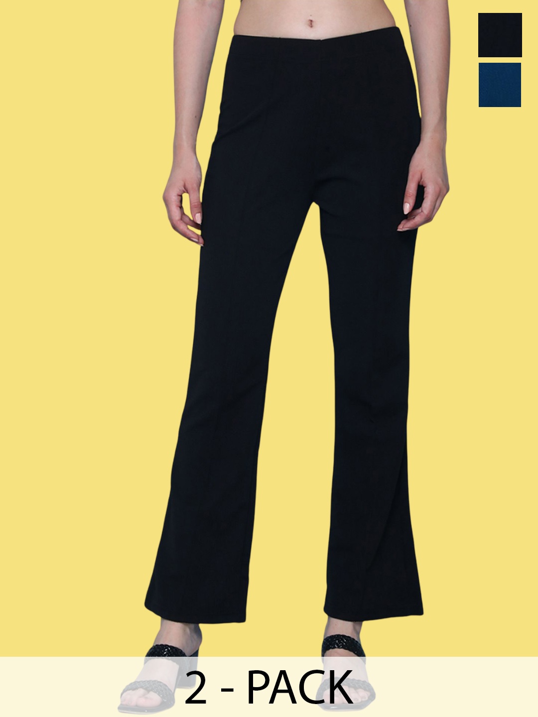 

BAESD Women Pack Of 2 Flared High-Rise Cotton Trousers, Black