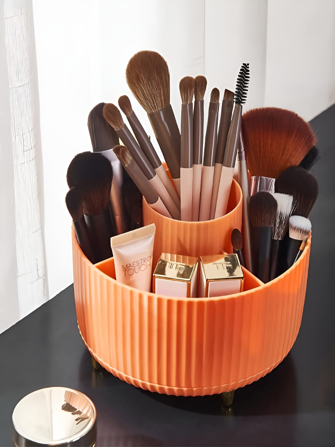

HOUSE OF QUIRK Orange Self Design 5 Slot Desktop 360 Rotating Makeup Organizer