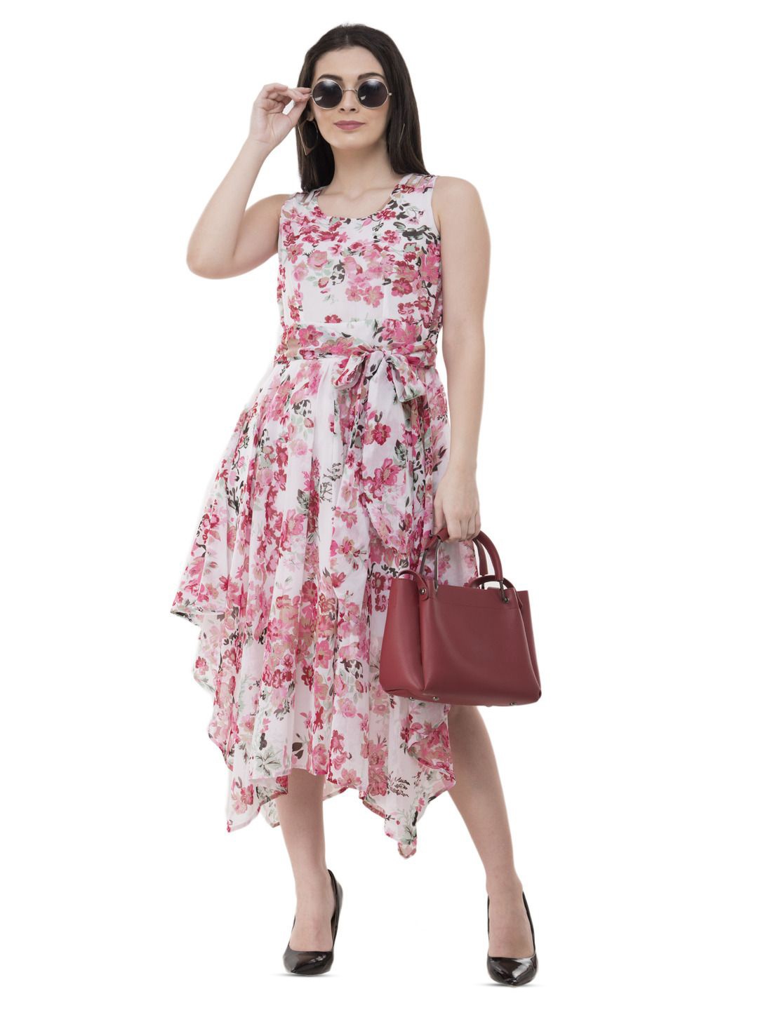 

Absorbing Floral Print Georgette Fit & Flare Midi Dress, White