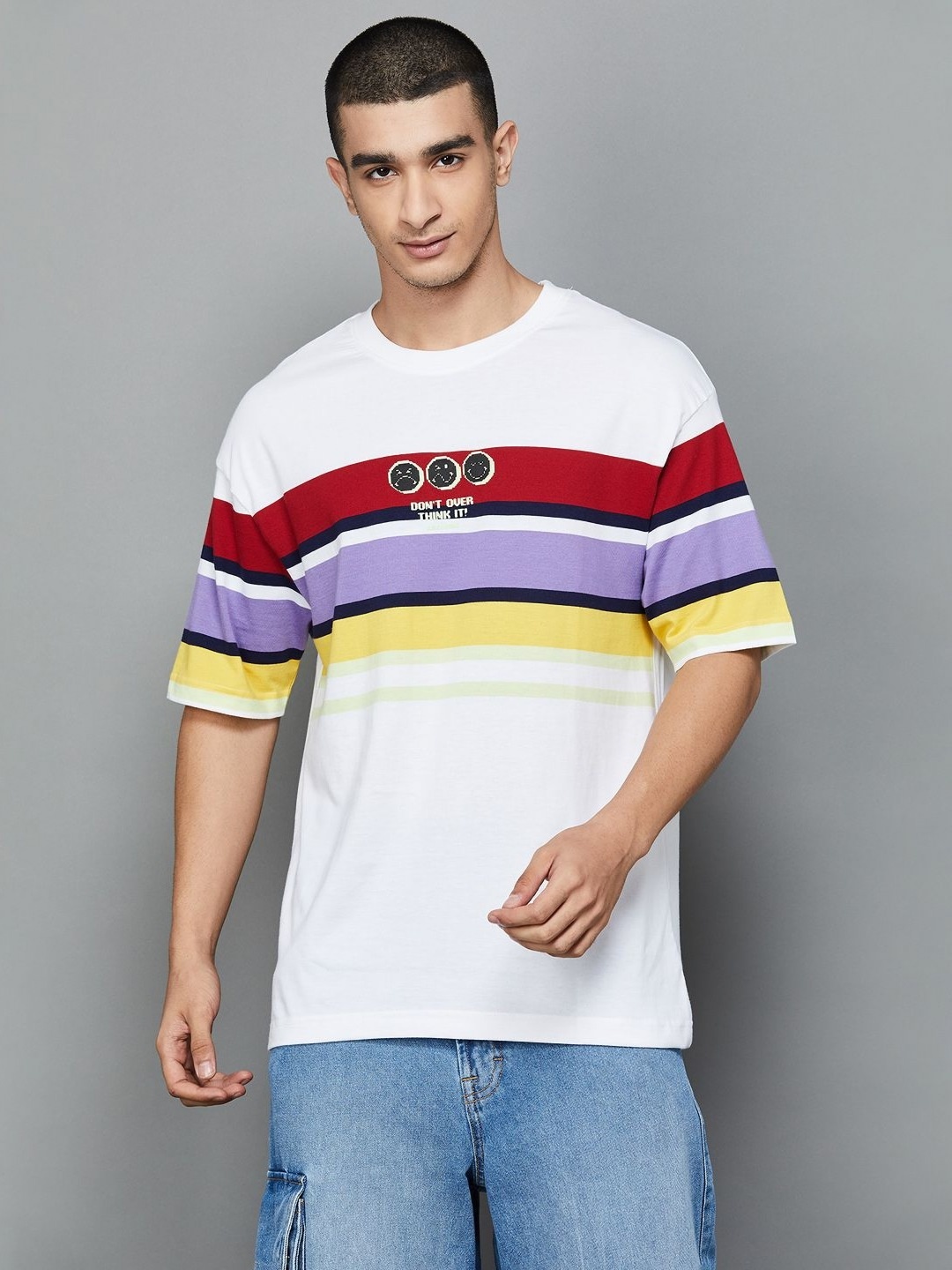 

SmileyWorld Men Striped Round Neck Oversized T-shirt, White