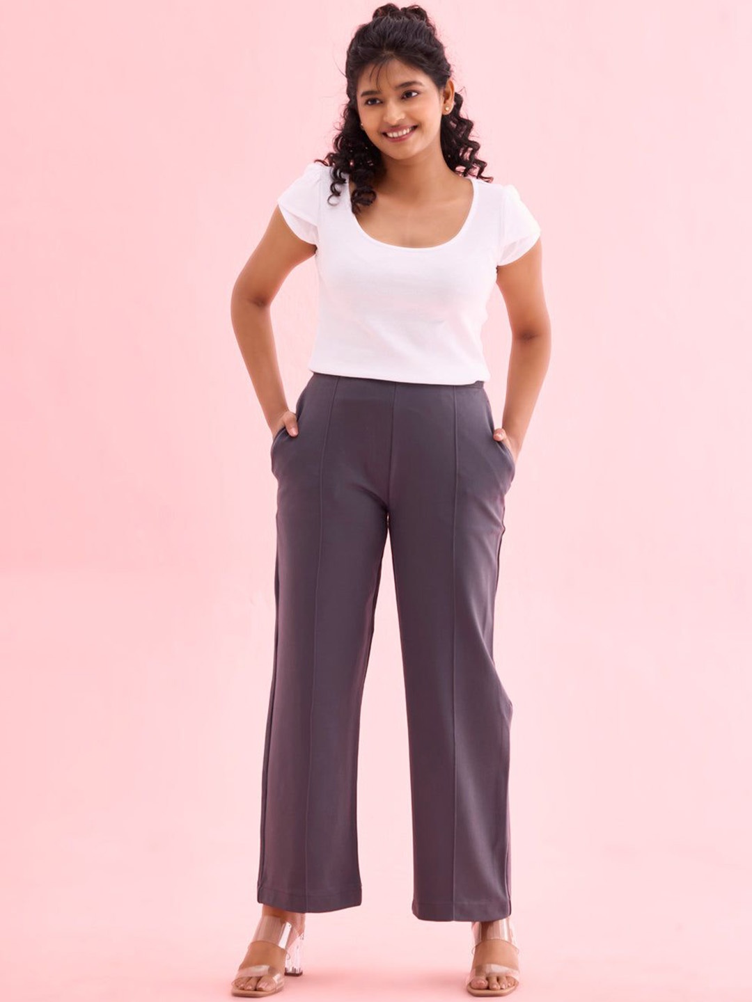 

Go Colors Women Relaxed Loose Fit High-Rise Wide Leg Trousers, Grey