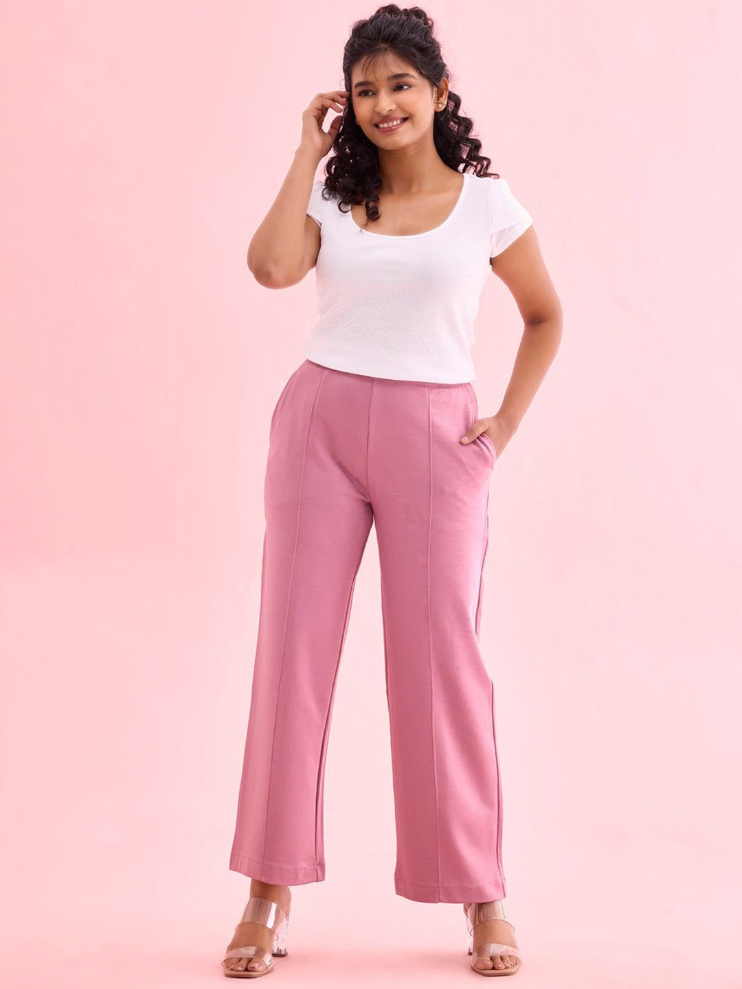 

Go Colors Women Relaxed Loose Fit High-Rise Trousers, Pink