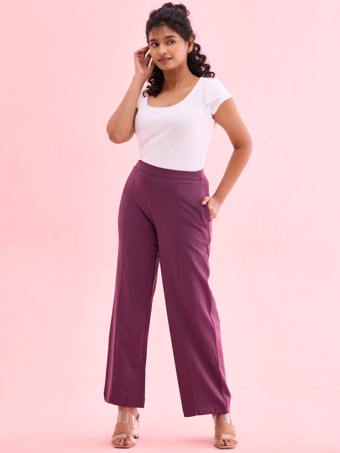 Go Colors Women Relaxed Loose Fit High-Rise Parallel Trousers, Purple
