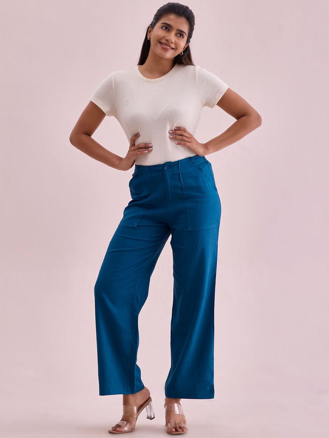 Go Colors Women Relaxed Loose Fit Trousers, Turquoise blue