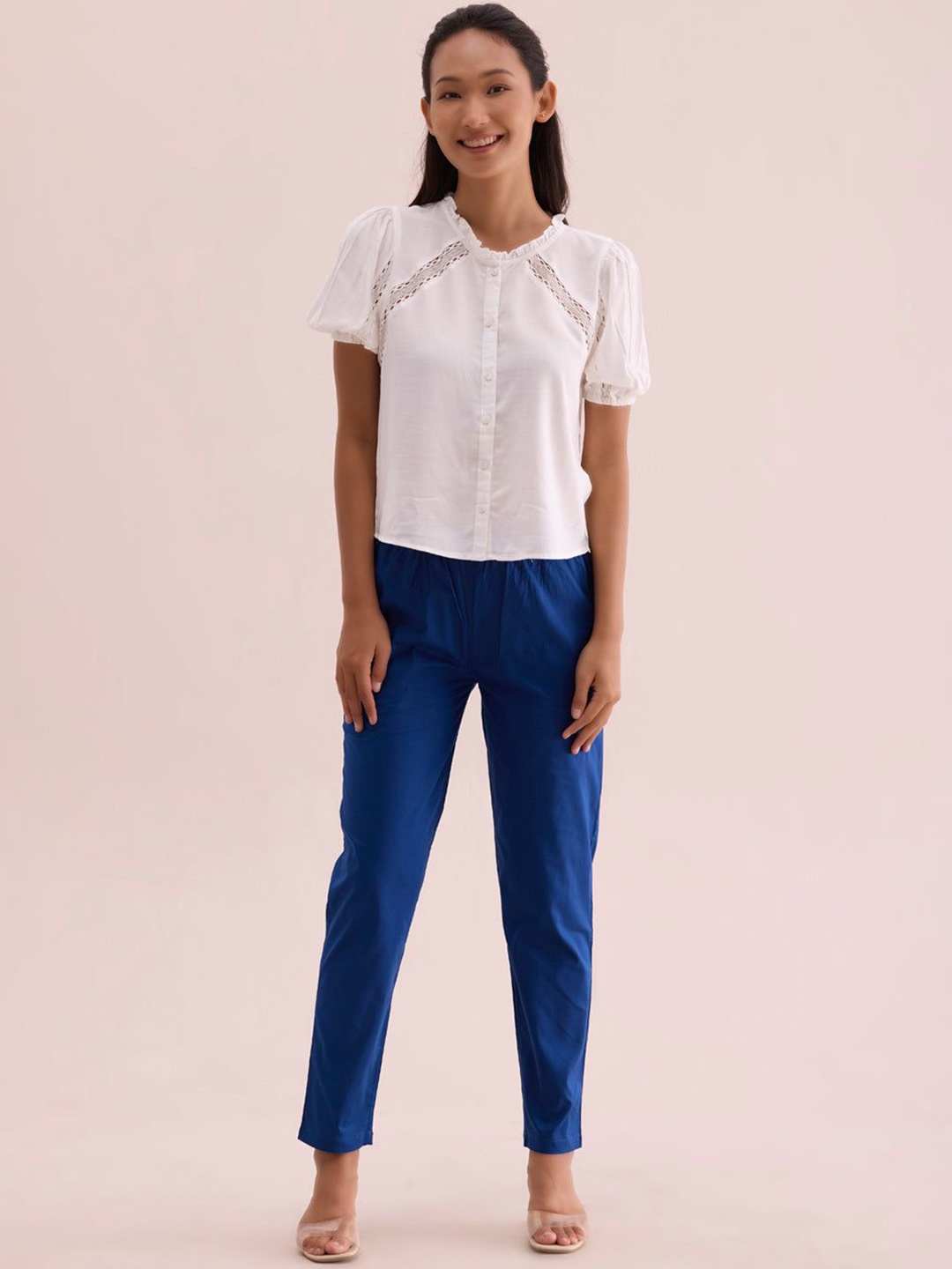 

Go Colors Women Tailored Slim Fit Mid Rise Flat-Front Trousers, Blue