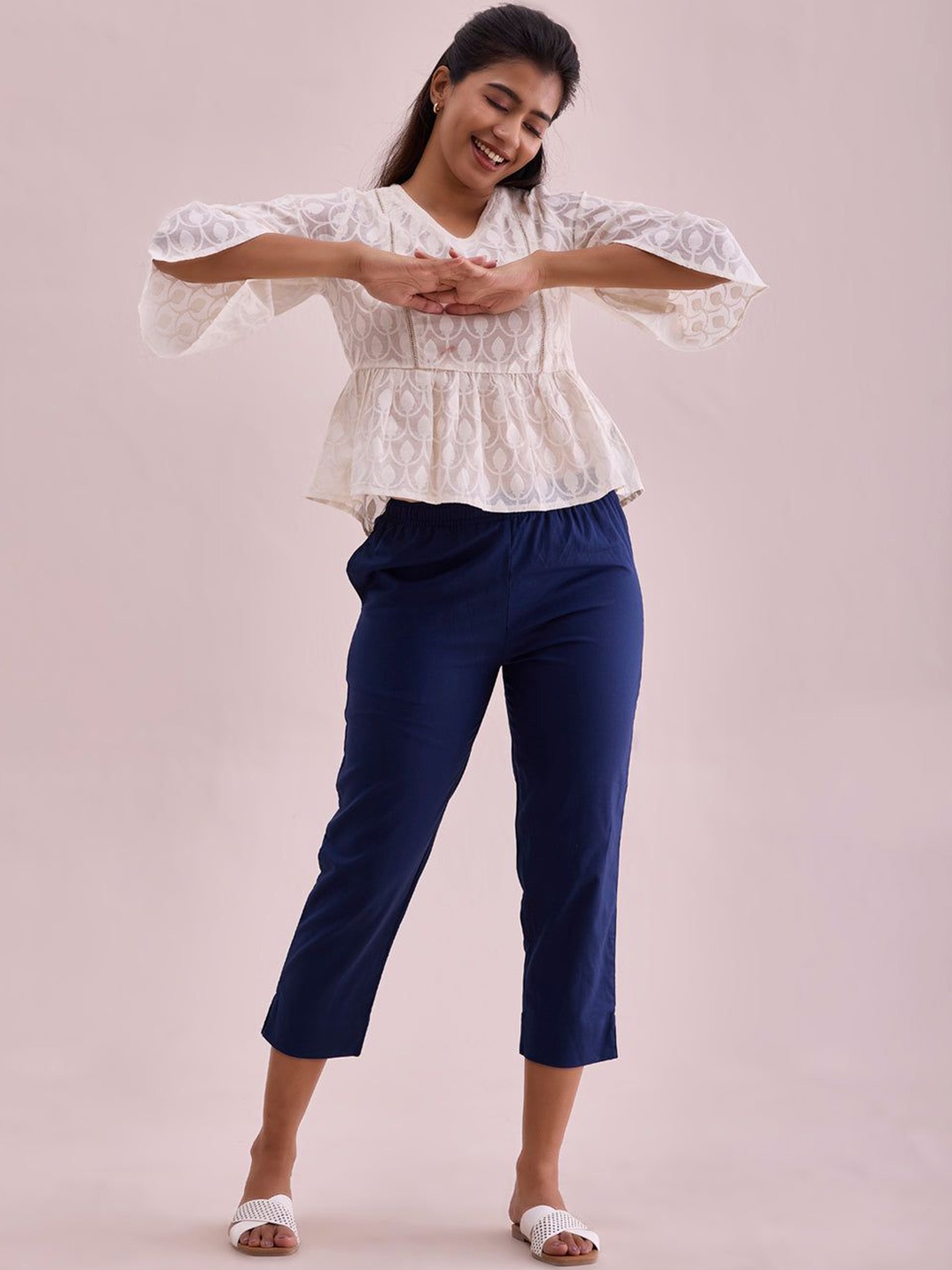 Go Colors Women Relaxed Slim Fit Cigarette Trousers, Navy blue