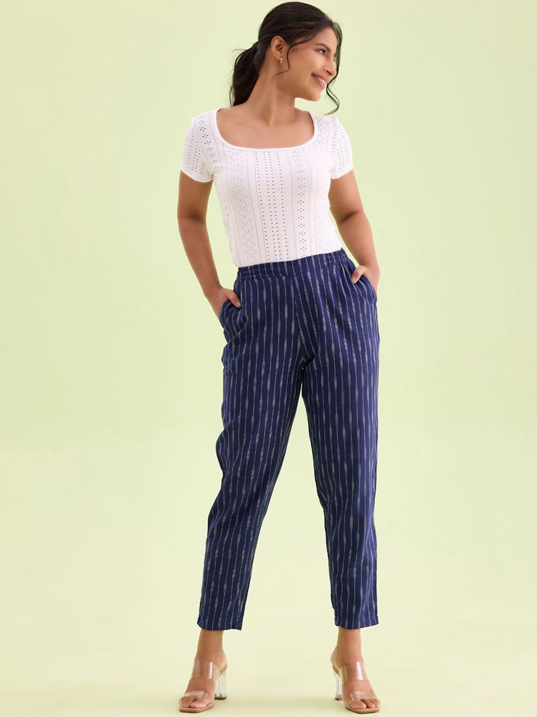 

Go Colors Women Linen Striped Tailored Tapered Fit Trousers, Navy blue