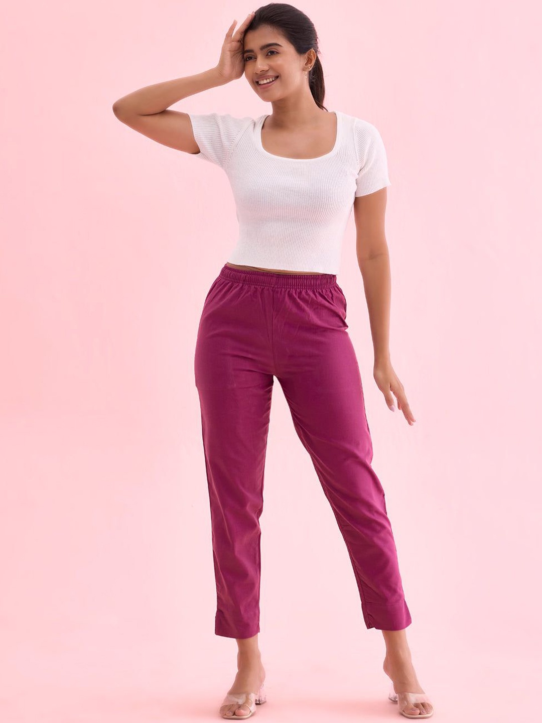 

Go Colors Women Solid Relaxed Loose Fit Trousers, Magenta