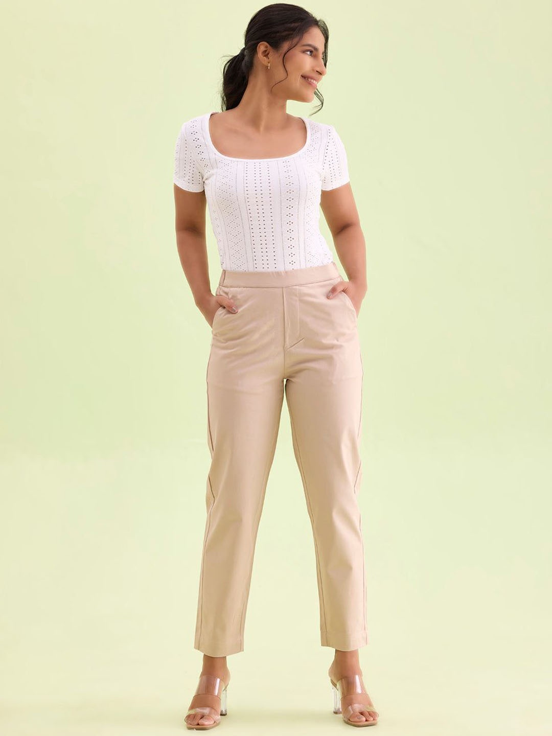

Go Colors Women Tailored Tapered Fit Mid-Rise Chinos Trousers, Khaki