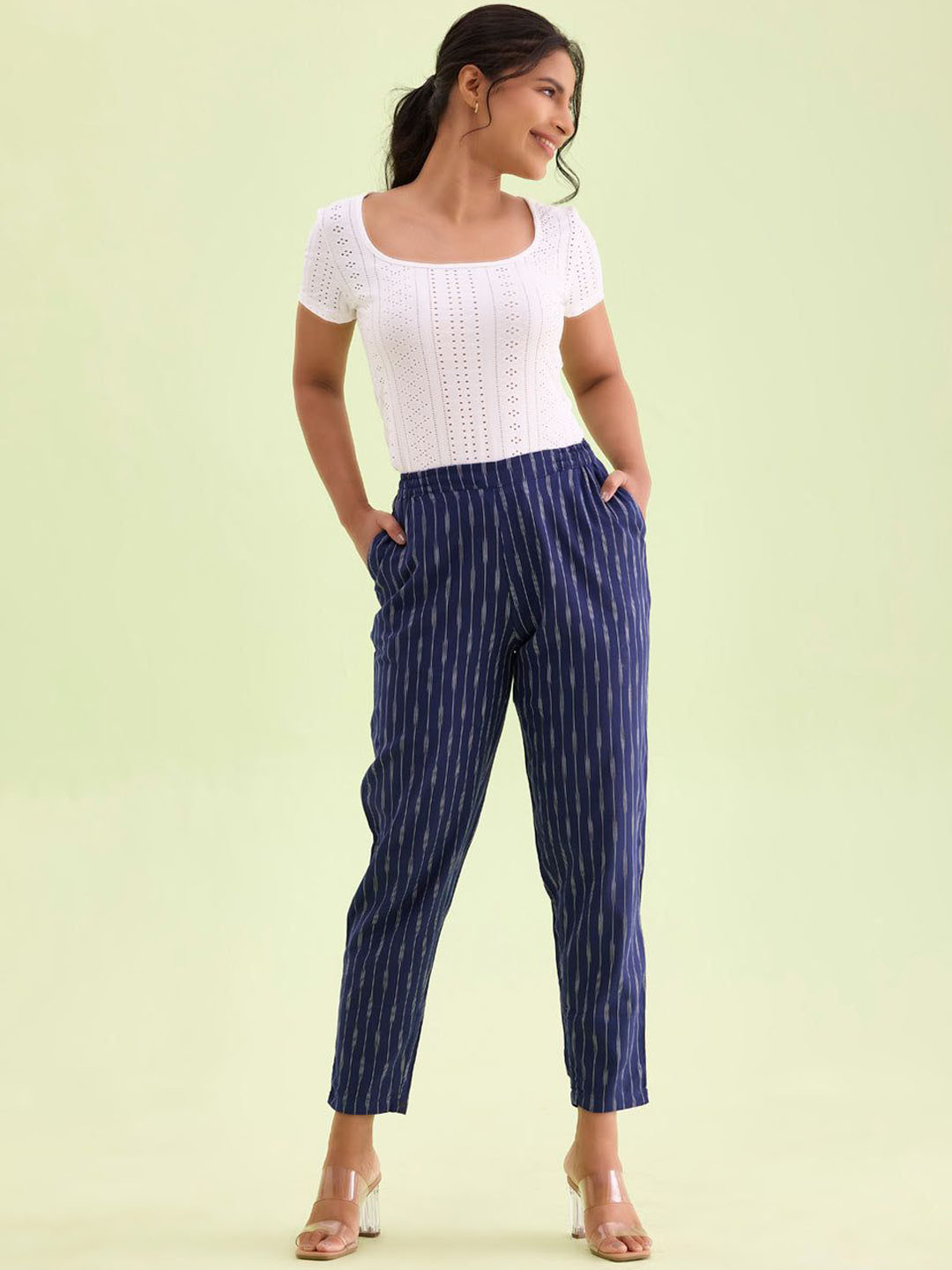 

Go Colors Women Striped Tailored Tapered Fit Trousers, Navy blue