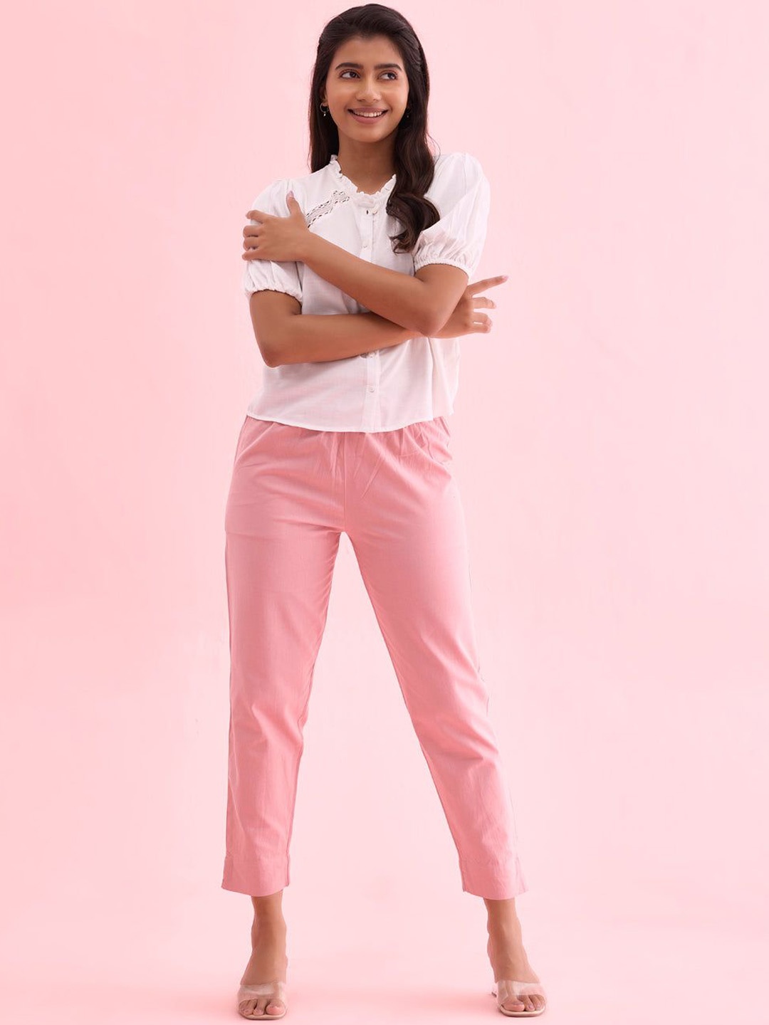 

Go Colors Women Relaxed Slim Fit Cigarette Trousers, Pink
