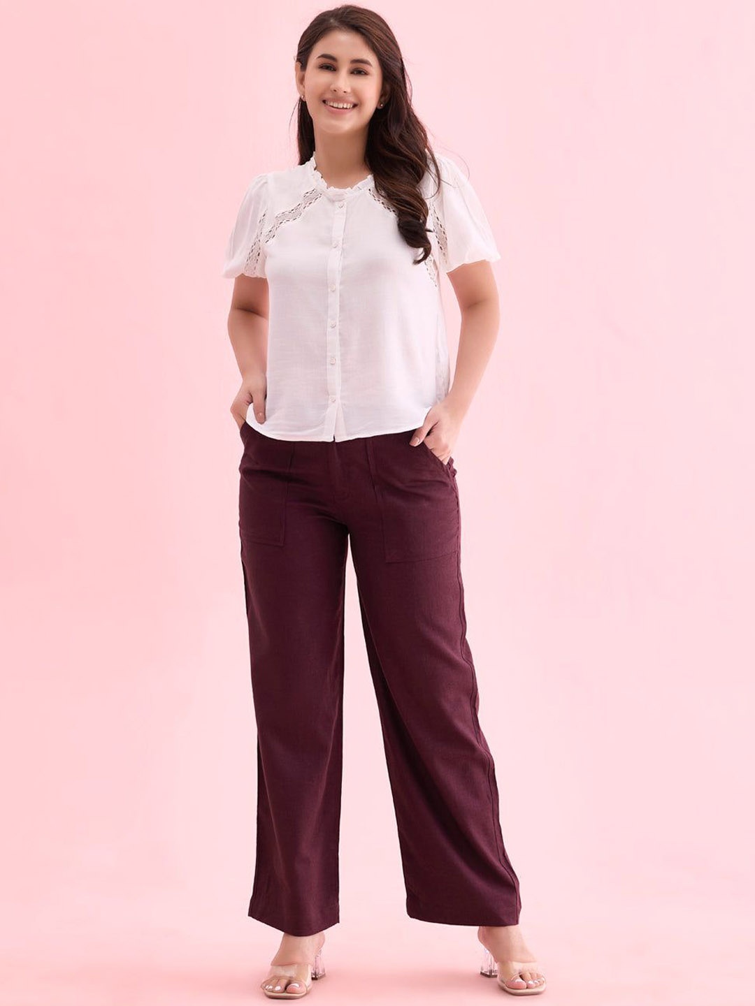

Go Colors Women Solid Mid Rise Relaxed Loose Fit Parallel Trousers, Red