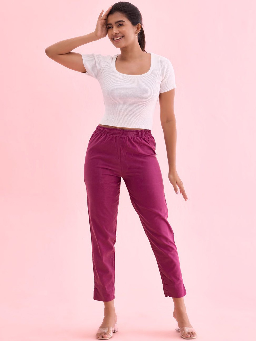 

Go Colors Women Relaxed Regular Fit Cotton Cigarette Trousers, Red