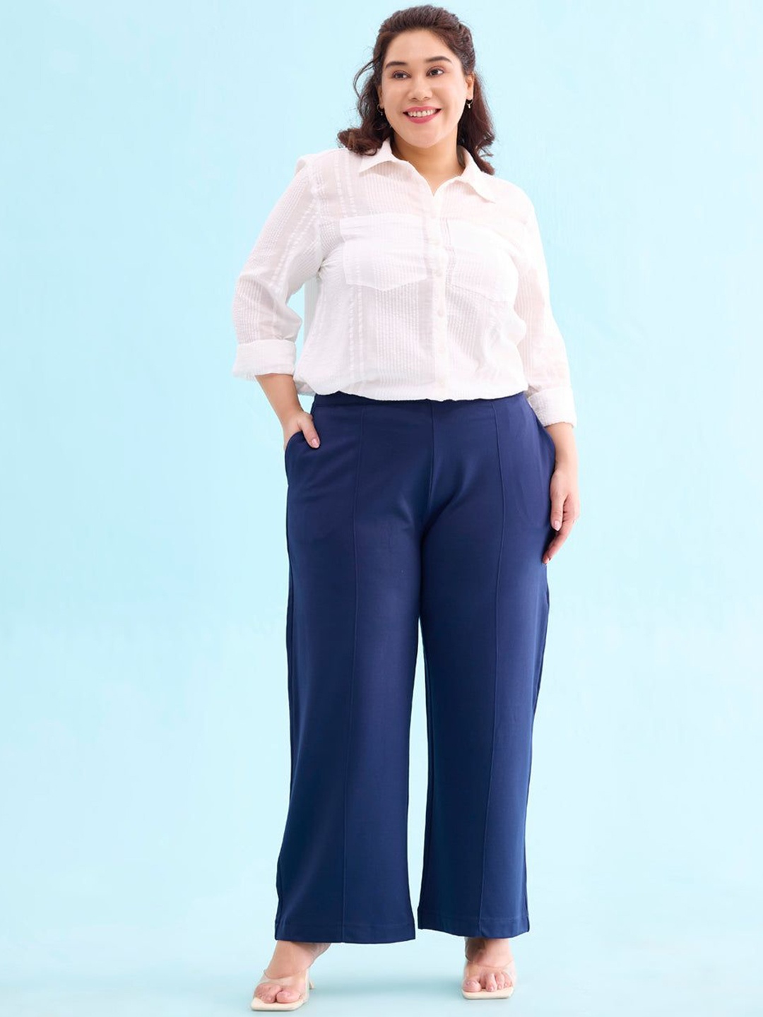Go Colors Women Solid Relaxed Loose Fit High-Rise Trousers, Navy blue