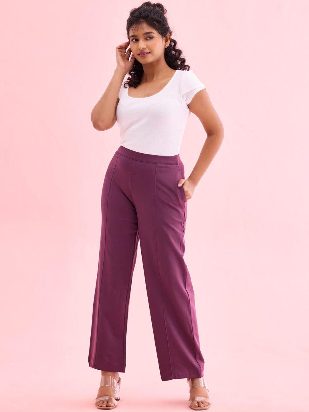 

Go Colors Women Relaxed Loose Fit High-Rise Parallel Trousers, Red