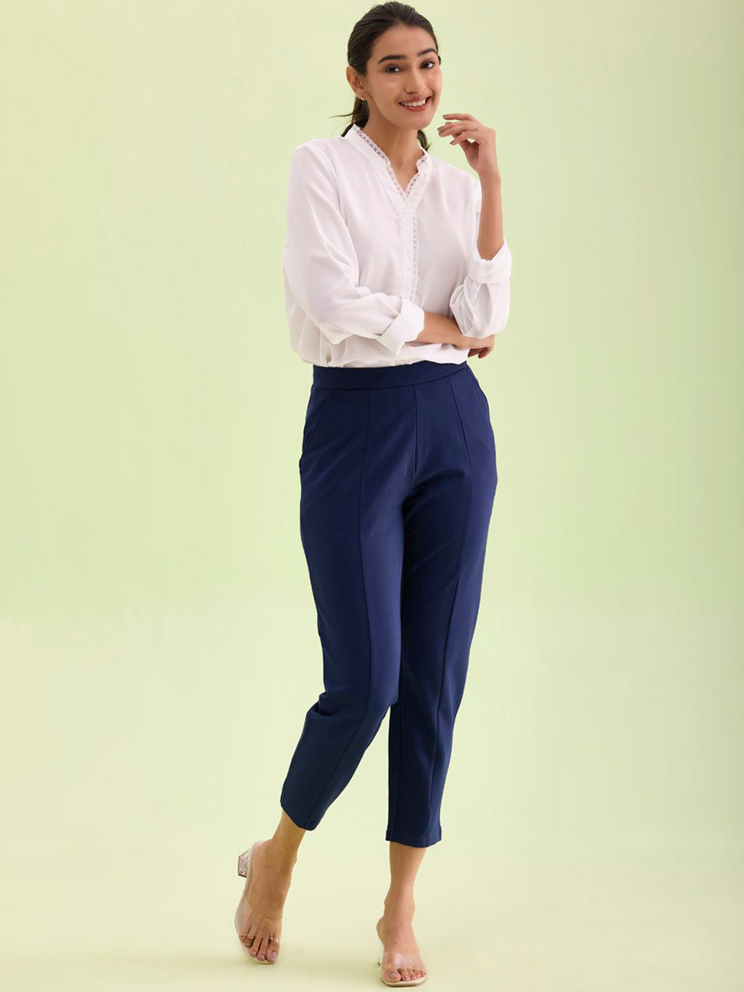 

Go Colors Women Smart Slim Fit Stretch Trousers, Navy blue
