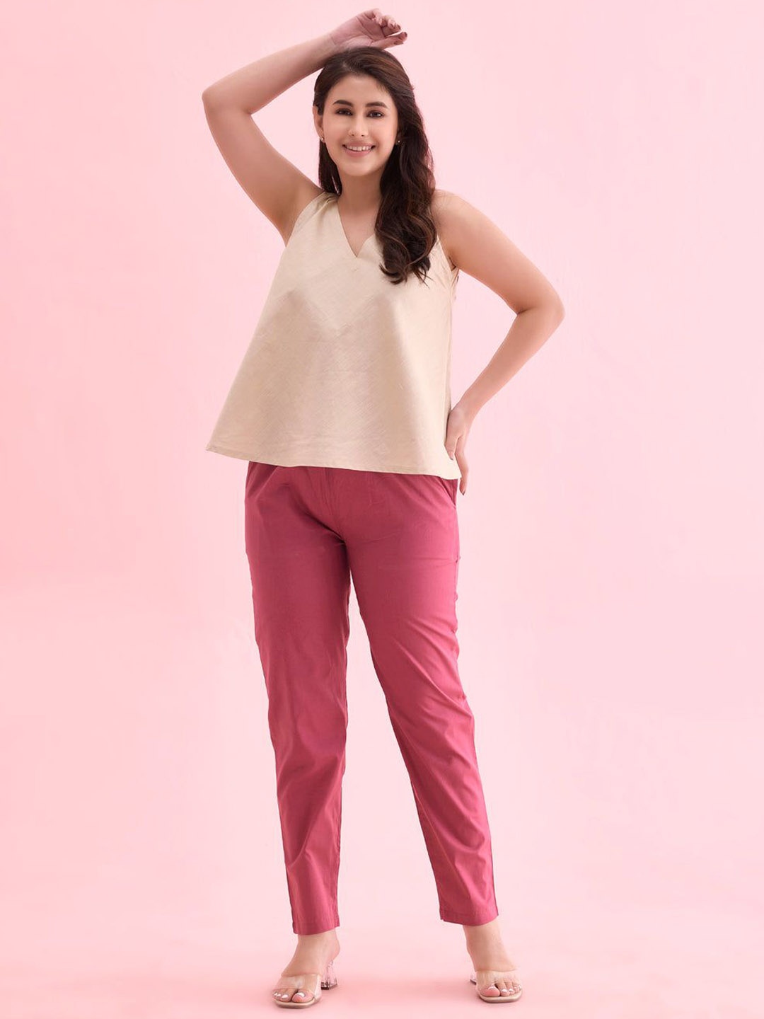

Go Colors Women Tailored Tapered Fit Trousers, Pink