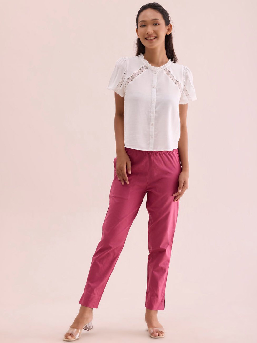 Go Colors Women Relaxed Loose Fit Chinos Trousers, Pink