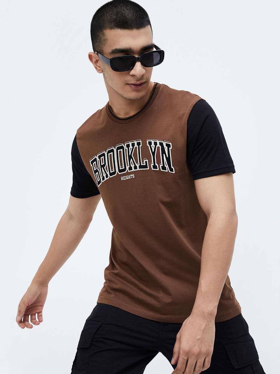 Fame Forever by Lifestyle Men Typography Colourblocked Applique T-shirt, Brown