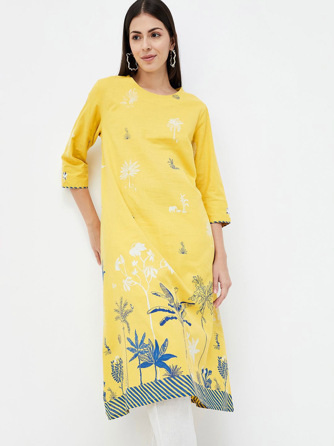 

Melange by Lifestyle Floral Printed Cotton Straight Kurta, Yellow