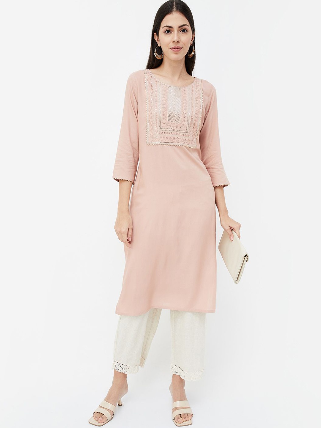 

Melange by Lifestyle Floral Yoke Design Sequinned Straight Kurta, Pink