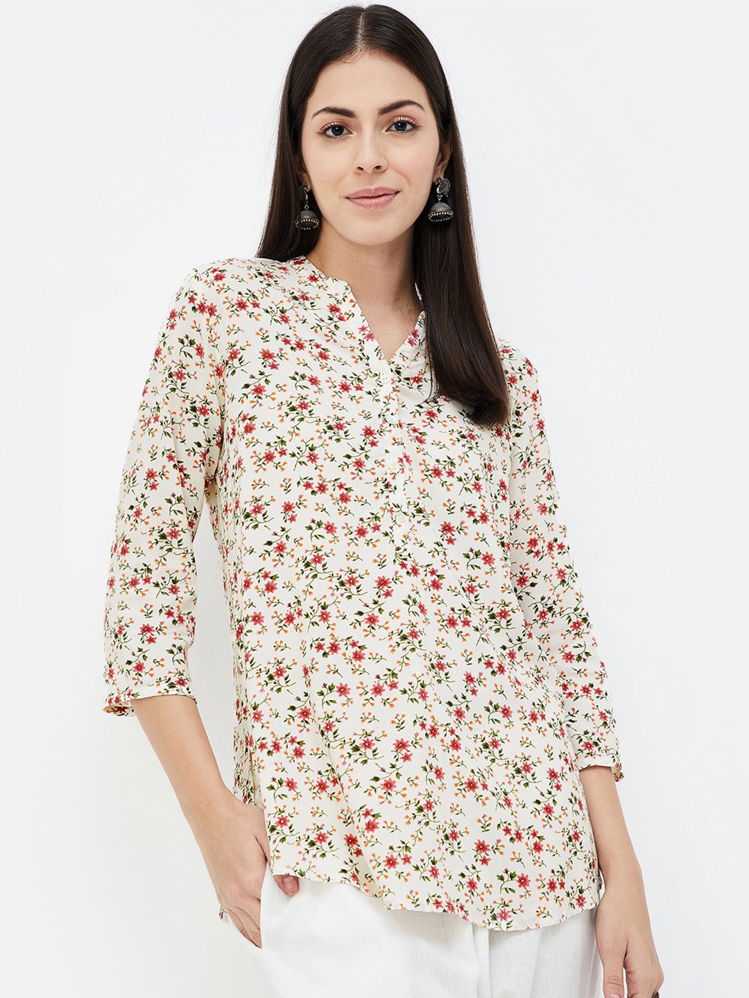 

Melange by Lifestyle Viscose Rayon Mandarin Collar Printed Tunic, Off white