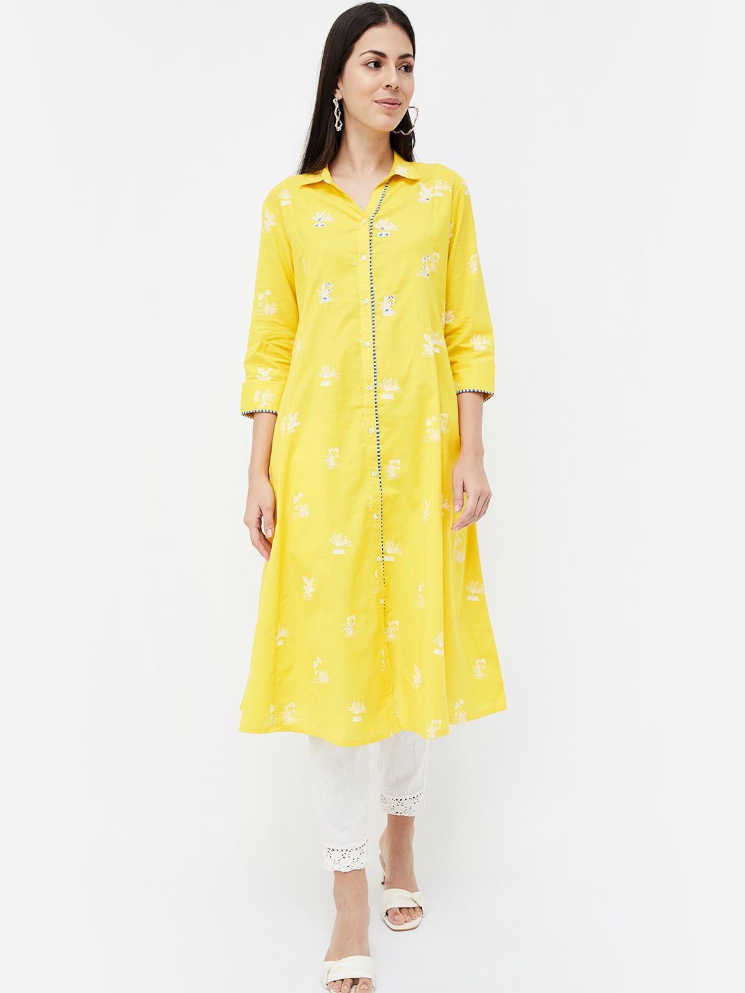 

Melange by Lifestyle Floral Printed Shirt Collar Cotton A-Line Kurta, Yellow