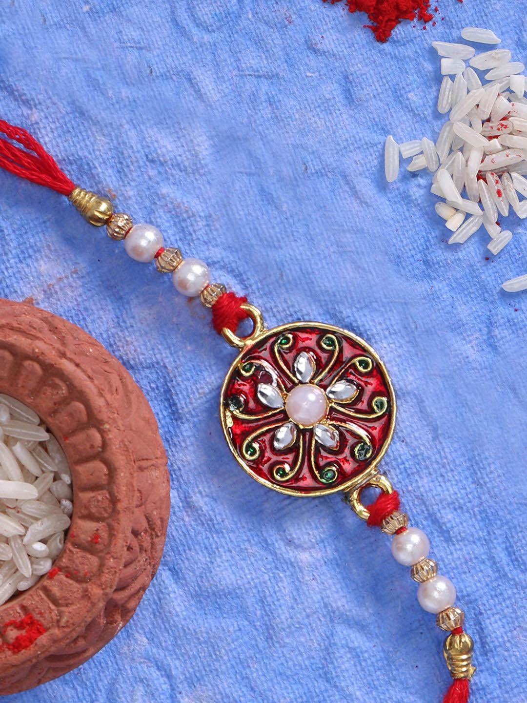 

LIVE EVIL Gold Plated Kundan Work Thread Rakhi With Greeting Card, Red