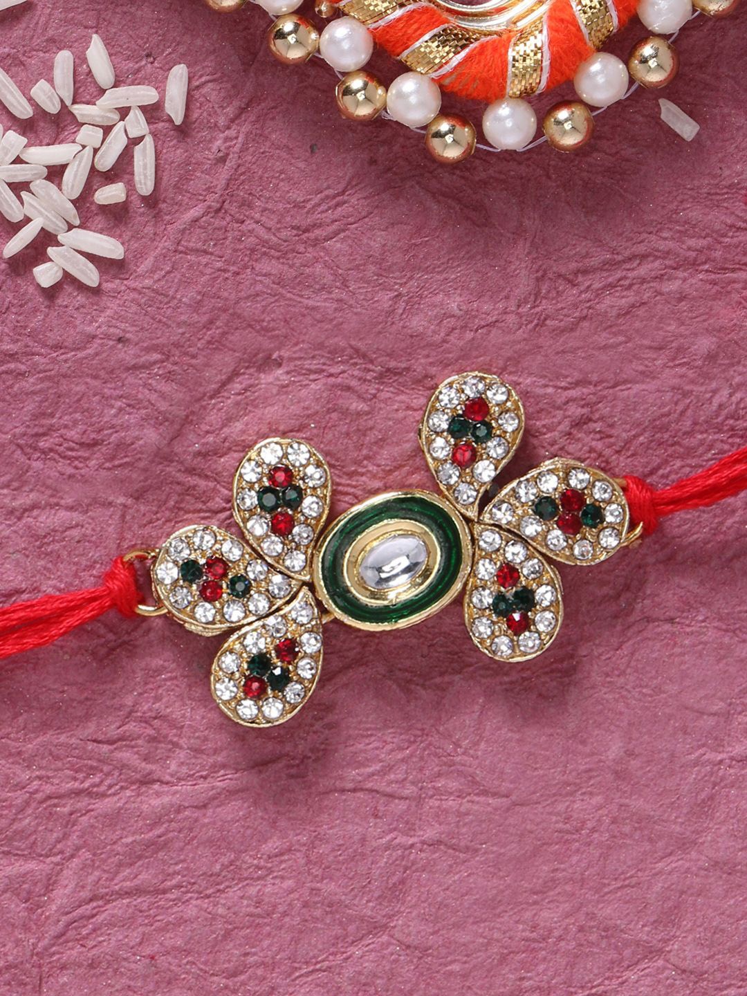 

LIVE EVIL Gold-Plated Kundan Studded Thread Rakhi With Greeting Card