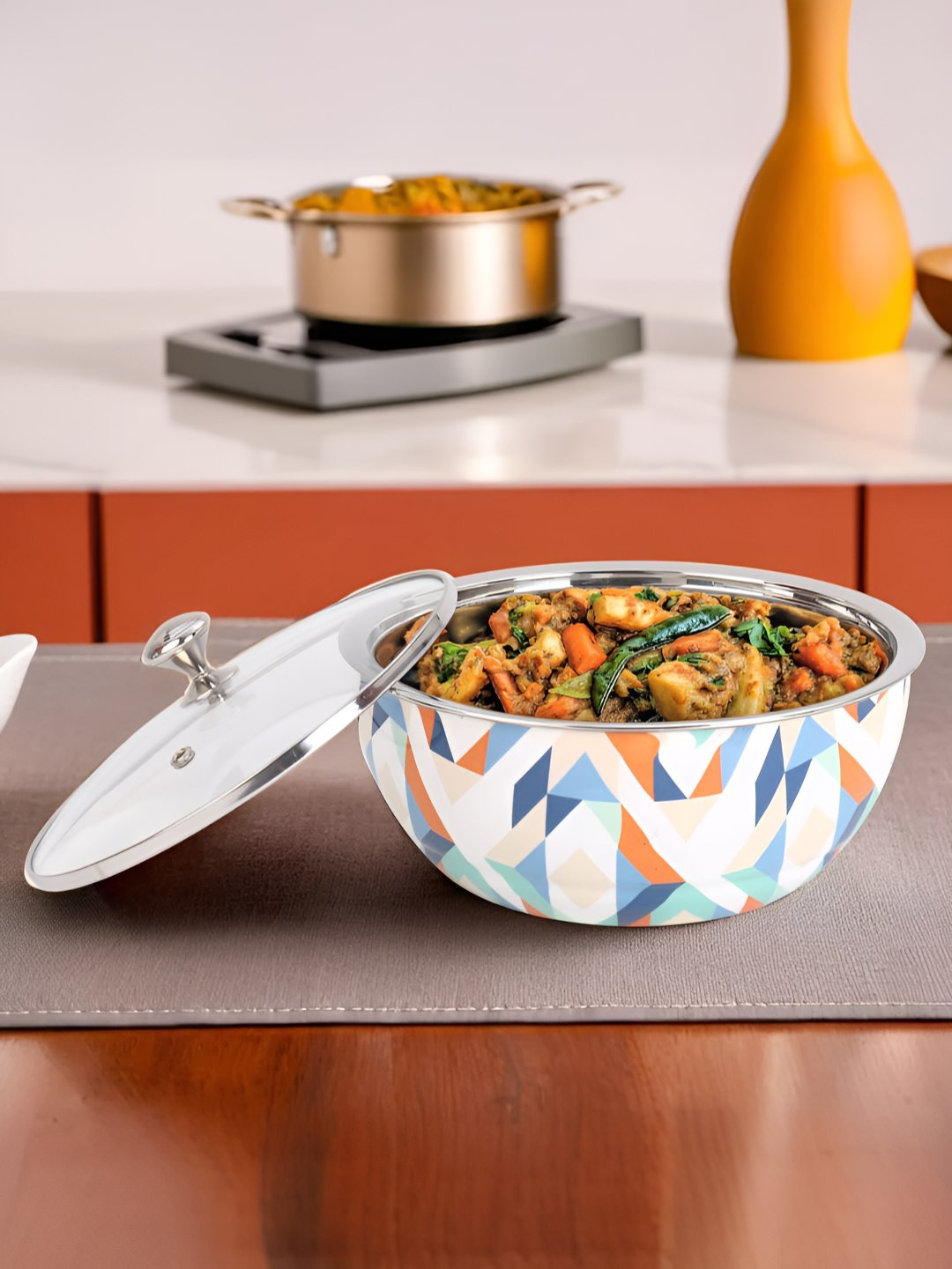 

USHA SHRIRAM Blue & Orange Insulated Stainless Steel Casserole With Glass Lid 1500ml