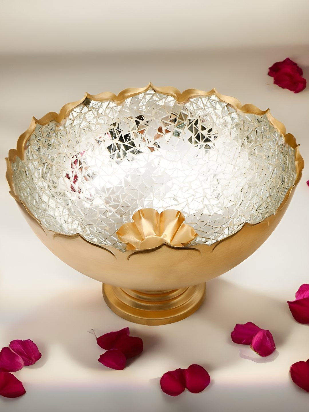 

THE HOME CO. Mosaic Gold Toned & Silver Toned Decoration Urli With Base Bowl