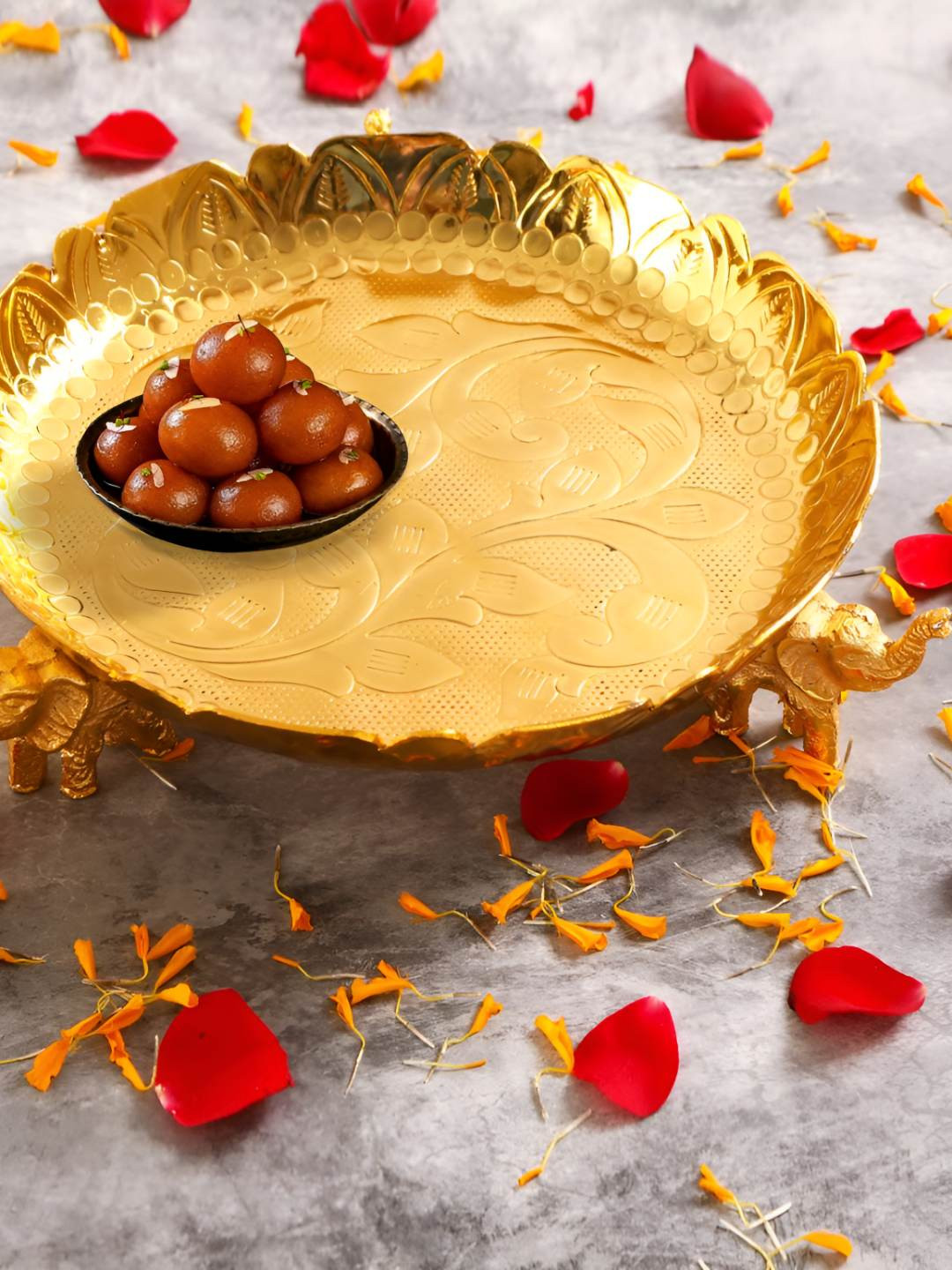 

THE HOME CO. Gold Toned Textured Aluminium Urli Decorative Bowl With Elephant Showpiece