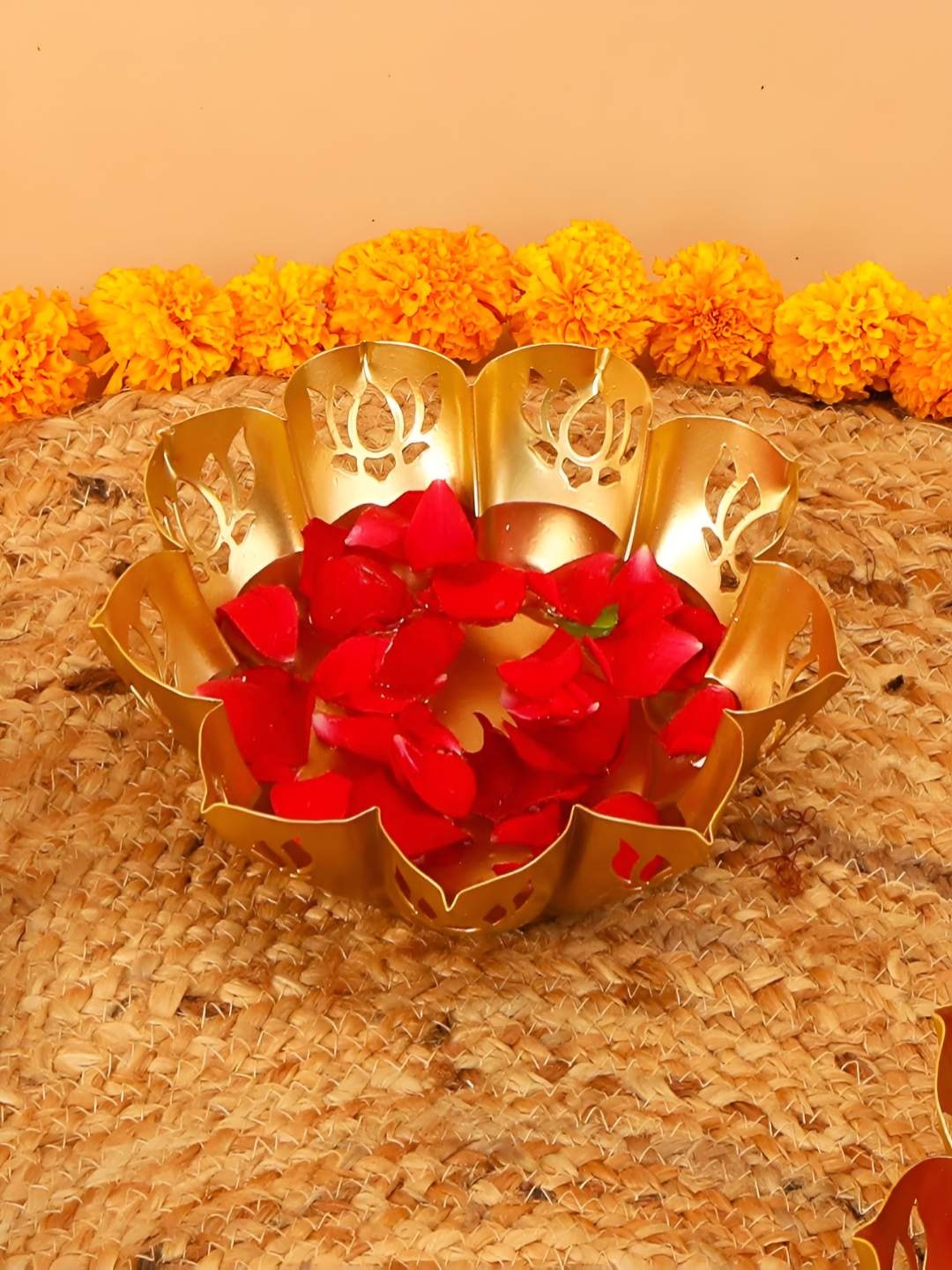 

THE HOME CO. Gold Toned Aluminum Lotus Cut Urli Decorative Bowls