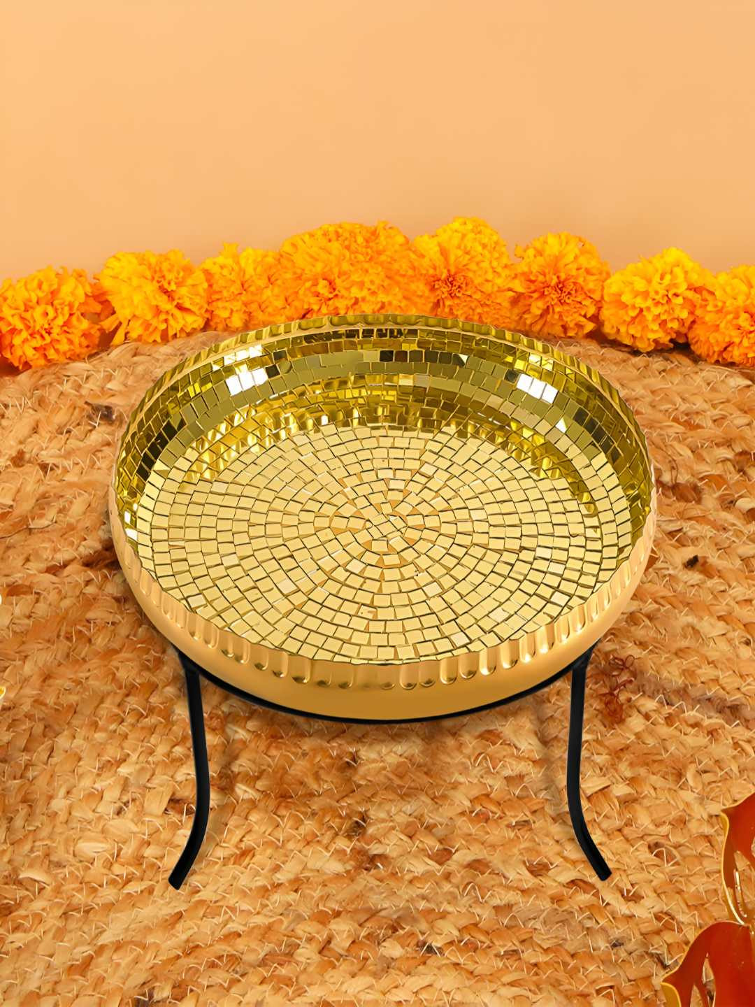 

THE HOME CO. Gold Toned & Black Decorative Mosaic Urli With Stand
