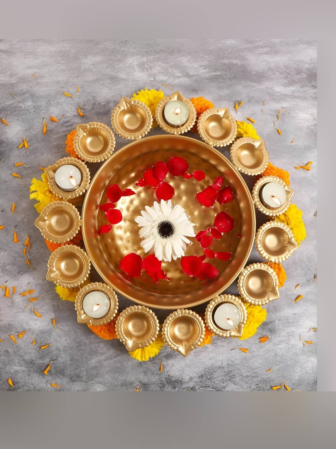 

THE HOME CO. Gold Toned Aluminium Diya Shape Flower Decorative Bowl