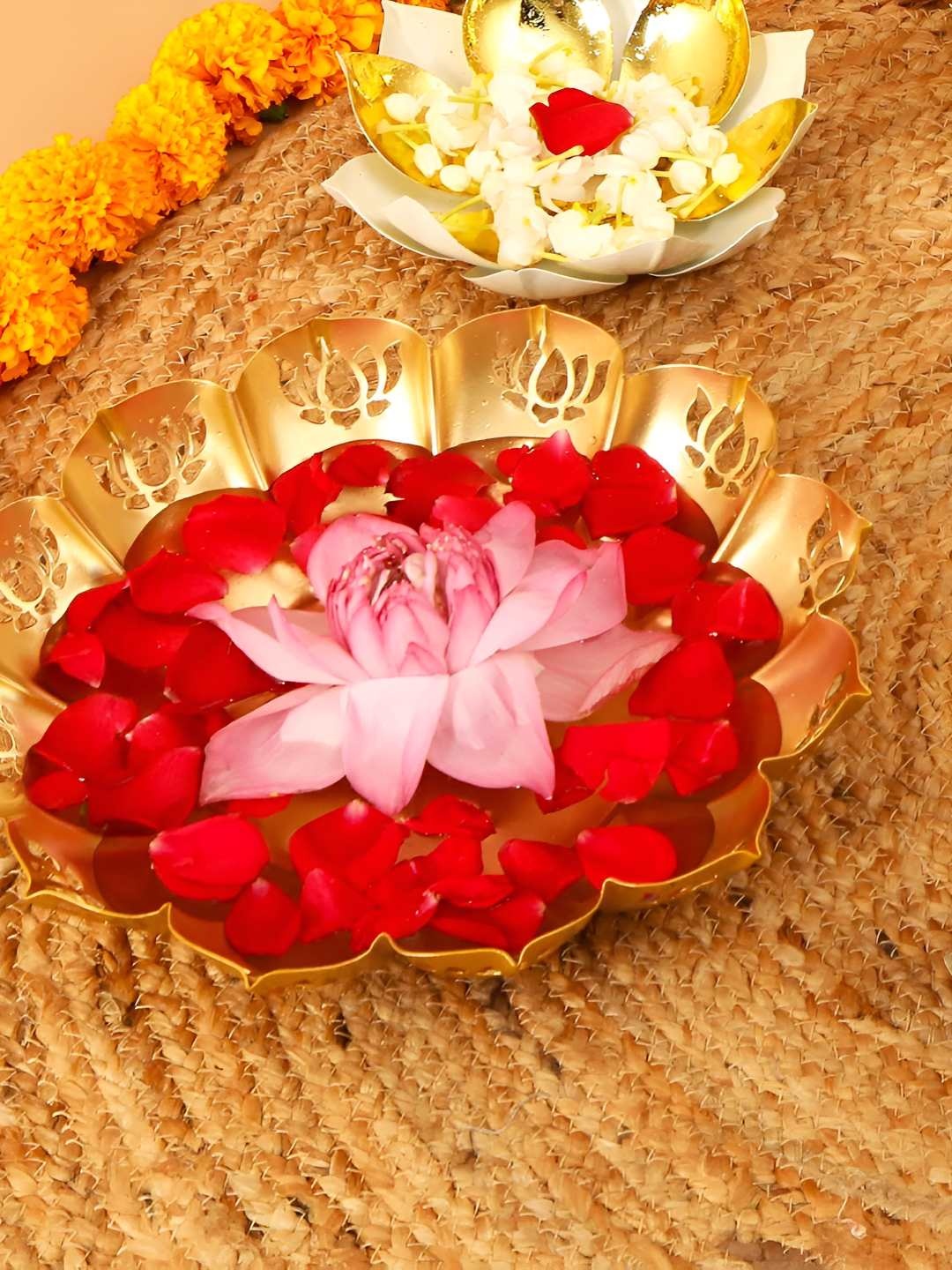 

THE HOME CO. Gold Toned Textured Aluminum Lotus Urli Decorative Bowl