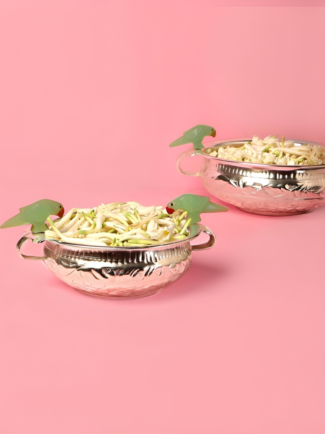 

THE HOME CO. Silver Toned Textured Brass Urli Decorative Bowl With Parrot Showpiece