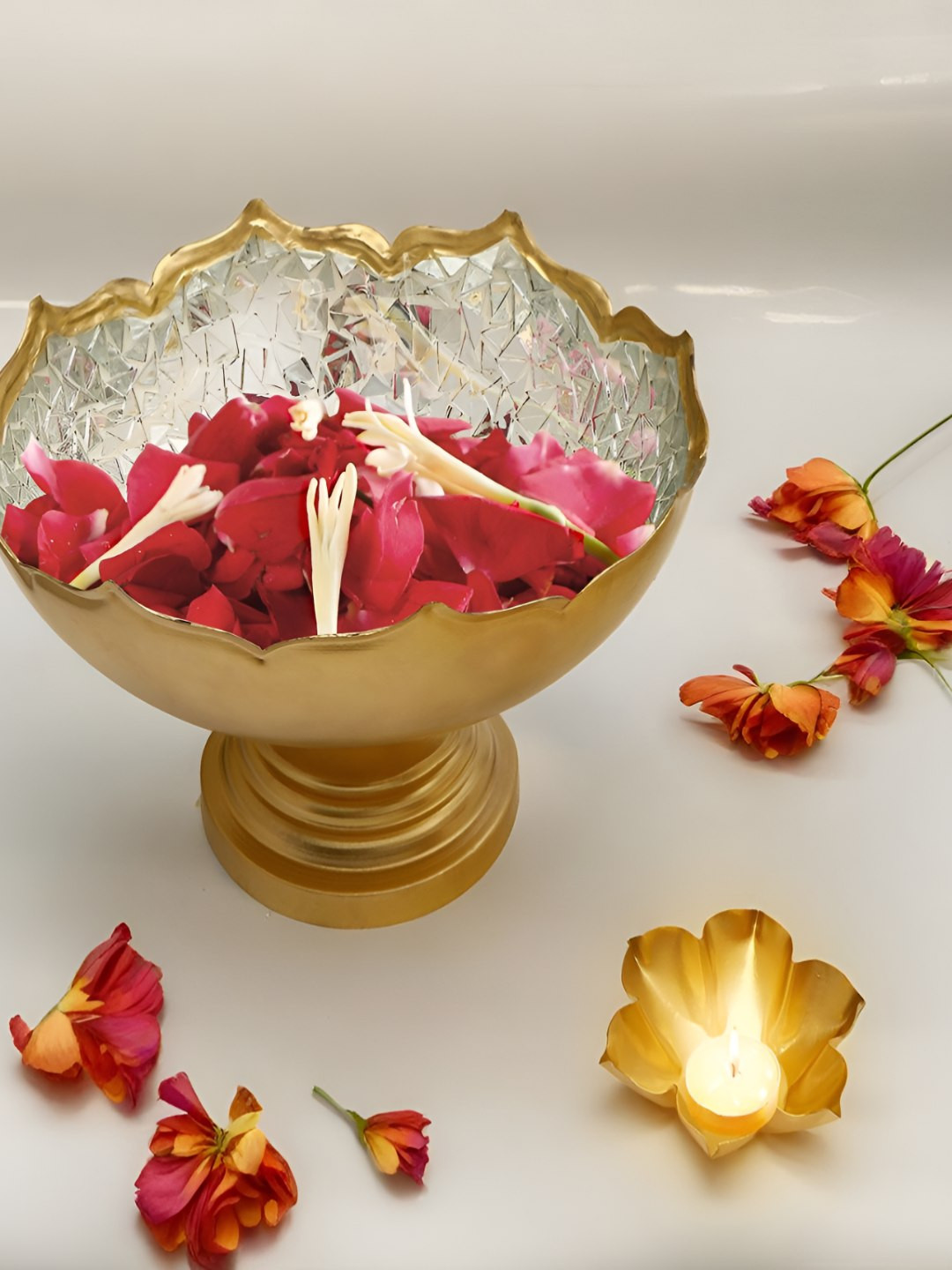 

THE HOME CO. Gold Toned & Silver Toned Aluminium Mosaic Urli Decorative Bowl With Base