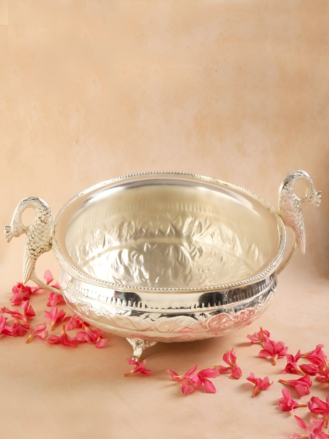 

THE HOME CO. Silver Toned Textured Brass Peacock Design Urli Decorative Bowl
