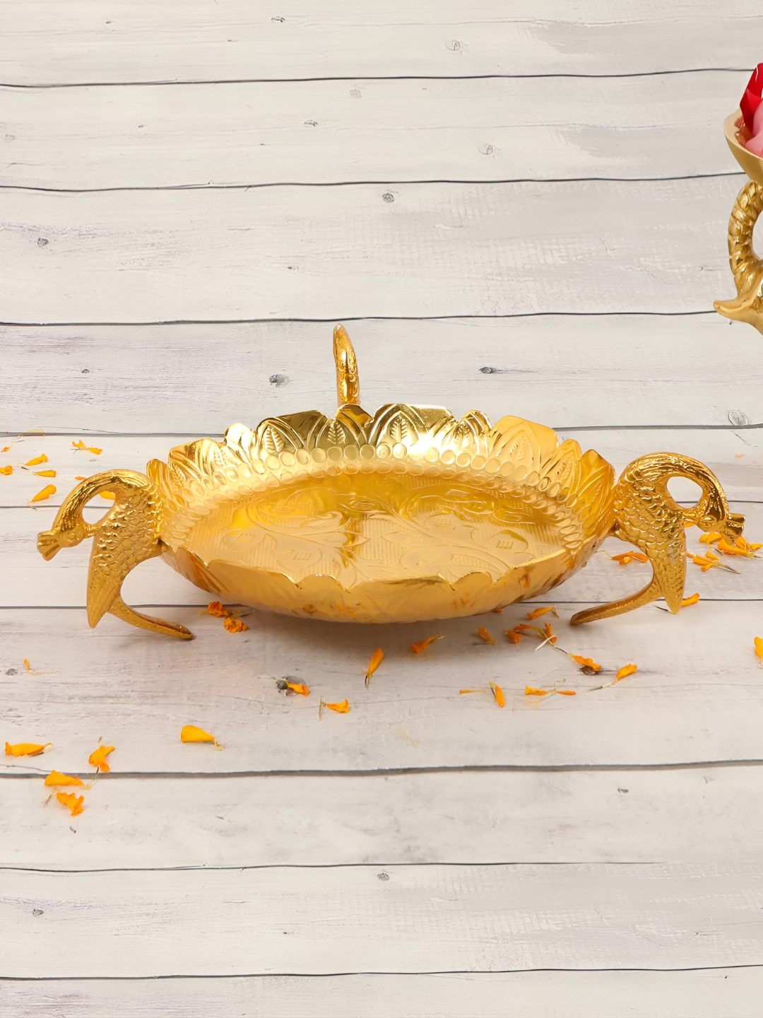 

THE HOME CO. Gold Toned Textured Aluminum Peacock Decorative Urli Bowl