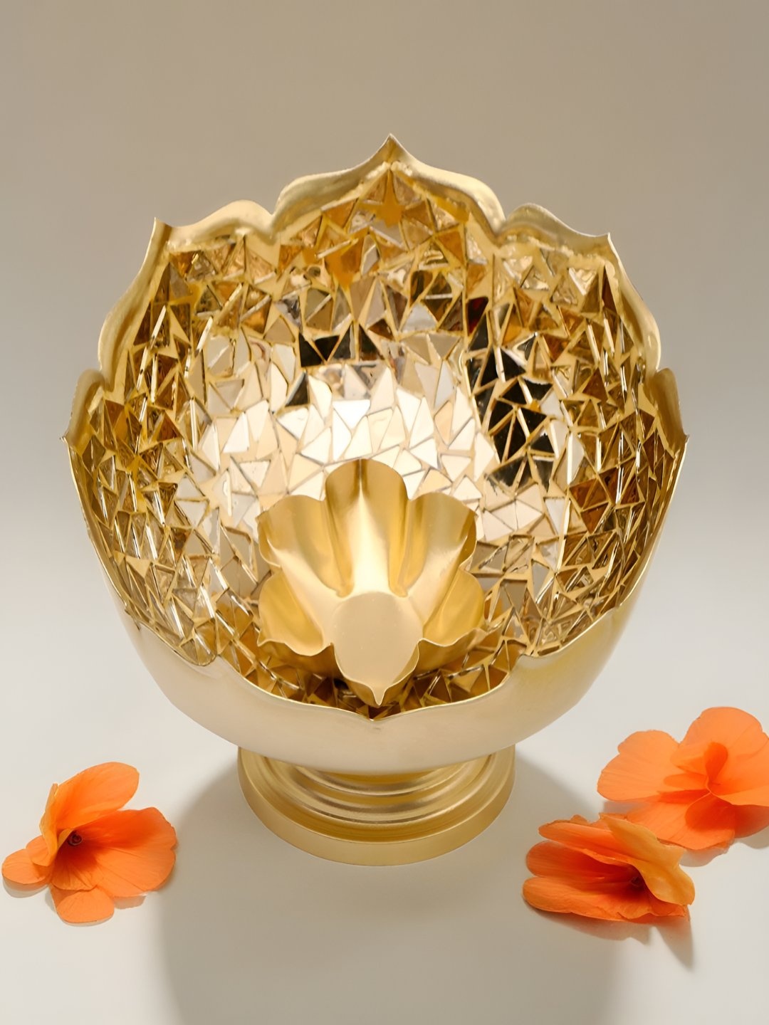THE HOME CO. Gold Toned Aluminium Mosaic Urli Decorative Bowl With Base